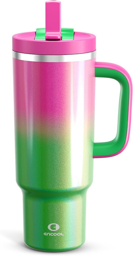 40 oz Tumbler with Handle and Straw: Stainless Steel Insulated Tumbler Keeps Cold for 24 Hours, Leakproof Travel Cup Fits in Cup Holder and BPA-Free, Fuchsia
