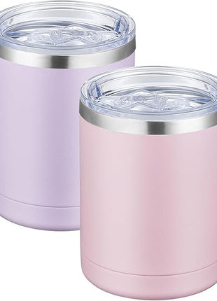 MEWAY 12oz Coffee Mug With Handle 2 Pack Bulk,Stainless Steel Insulated Travel Tumblers With Sliding Lid,Double Wall Vacuum Camping Cup for Hot & Cold Drinks Tea (Lilac&Pink,Set of 2)
