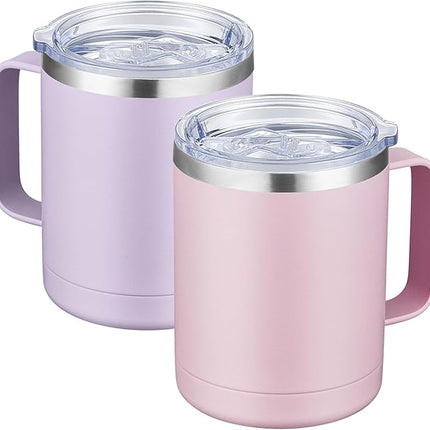 MEWAY 12oz Coffee Mug With Handle 2 Pack Bulk,Stainless Steel Insulated Travel Tumblers With Sliding Lid,Double Wall Vacuum Camping Cup for Hot & Cold Drinks Tea (Lilac&Pink,Set of 2)