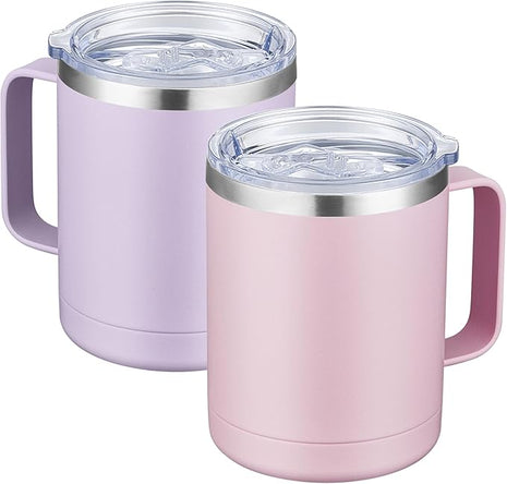 MEWAY 12oz Coffee Mug With Handle 2 Pack Bulk,Stainless Steel Insulated Travel Tumblers With Sliding Lid,Double Wall Vacuum Camping Cup for Hot & Cold Drinks Tea (Lilac&Pink,Set of 2)