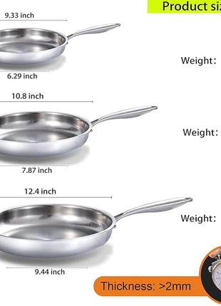DELARLO Whole Body Tri-Ply Stainless Steel Frying Pan set, 8”/10”/12” Cooking pans, Kitchen Cookware Set, Fast Heating Chef's pan with Ergonomic Handles, Suitable for All Stove
