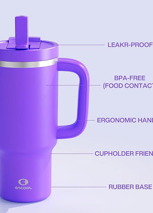 32 oz Tumbler with Handle and Straw: Stainless Steel Insulated Tumbler Keeps Cold for 24 Hours, Leakproof Travel Cup Fits in Cup Holder and BPA-Free,Violet