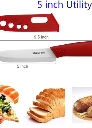 Ceramic Knife Set Knives Set for Kitchen Ceramic Kitchen Knives Colored w Sheath 6" Bread Knife 6" Chef Knife 5" Utility Knife 4" Fruit Knife 3" Paring Knife 1 Peeler Colorful Rust Free Proof