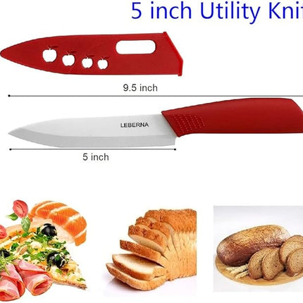 Ceramic Knife Set Knives Set for Kitchen Ceramic Kitchen Knives Colored w Sheath 6" Bread Knife 6" Chef Knife 5" Utility Knife 4" Fruit Knife 3" Paring Knife 1 Peeler Colorful Rust Free Proof
