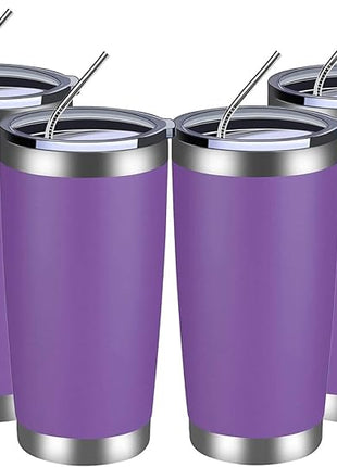 MEWAY 20oz Tumbler 4 Pack Double Wall Vacuum Insulated Travel Mug Bulk, Stainless Steel Tumblers with Lid and Straw, Durable Powder Coated Coffee Cups for Cold & Hot Drinks (Purple, 4)
