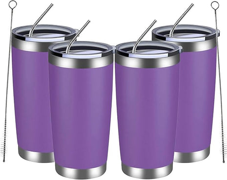 MEWAY 20oz Tumbler 4 Pack Double Wall Vacuum Insulated Travel Mug Bulk, Stainless Steel Tumblers with Lid and Straw, Durable Powder Coated Coffee Cups for Cold & Hot Drinks (Purple, 4)
