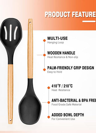 Large Silicone Cooking Spoons, 2 Pack Nonstick Solid and Slotted Wooden handle Spoon Set, Heat Resistan Silicone Kitchen Spoons for Cooking, Serving, Basting, Mixing (Black)