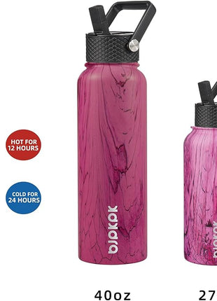 BJPKPK Insulated Water Bottles with Straw Lid, 27oz Stainless Steel Water Bottle with 3 Lids, Leak Proof BPA Free Metal Thermo, Mugs, Tumblers, Keep Cold Hot - Wood Pink