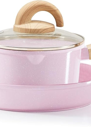 Pots and Pans Set Non Stick, Healthy Ceramic Cookware Set, 3pcs Kitchen Pots Frying Pan Saucepan, PFAS-Free, Pink