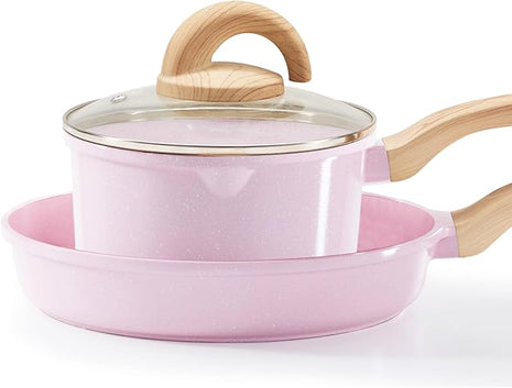 Pots and Pans Set Non Stick, Healthy Ceramic Cookware Set, 3pcs Kitchen Pots Frying Pan Saucepan, PFAS-Free, Pink