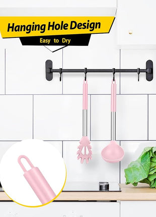 Silicone Pasta Fork and Ladle Spoon Set, Large Non Stick Kitchen Utensils for Cooking,Stirring,Serving Spaghetti, Soup, Sauce (PINK)