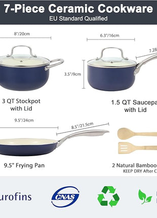 Pots and Pans Set, 7 Piece Nonstick Ceramic Cookware Set, Kitchen Induction Cookware Sets, Pots and Pans Non Stick with Oven Safe Handle, 100% PFOA Free, Blue