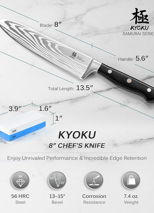 KYOKU 8" Chef Knife, Samurai Series Japanese Chef's Knife with Sharpening Stone, High Carbon Steel Kitchen Knife with Pakkawood Handle Mosaic Pin Gift Box for Meat Vegetable Fruit Chopping Slicing