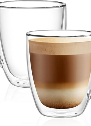 CNGLASS Double Wall Glass Coffee Mugs 12 oz,Insulated Glass Coffee Cups with Handle,Clear Espresso Mugs for Cappuccino,Latte,Tea Bags,Hot and Cold Beverages,Set of 2