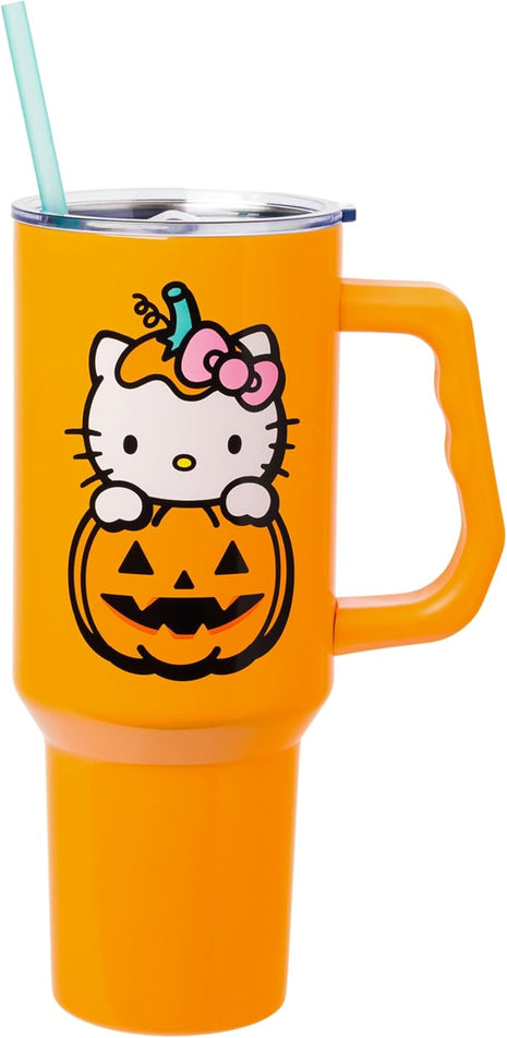 Silver Buffalo Sanrio Hello Kitty Halloween Jack-O-Lantern Stainless Steel Tumbler with Handle and Straw, Fits in Standard Cup Holder, 40 Ounces