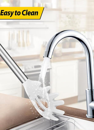 Silicone Pasta Fork and Ladle Spoon Set, Large Non Stick Kitchen Utensils for Cooking,Stirring,Serving Spaghetti, Soup, Sauce (WHITE)