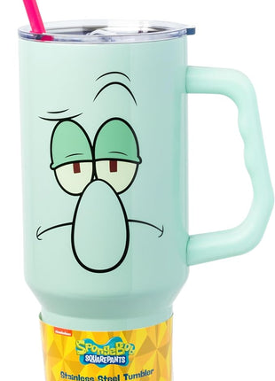 Silver Buffalo SpongeBob SquarePants Stainless Steel Tumbler with Handle Featuring Squidward, Fits in Standard Cup Holder, 40 Ounces