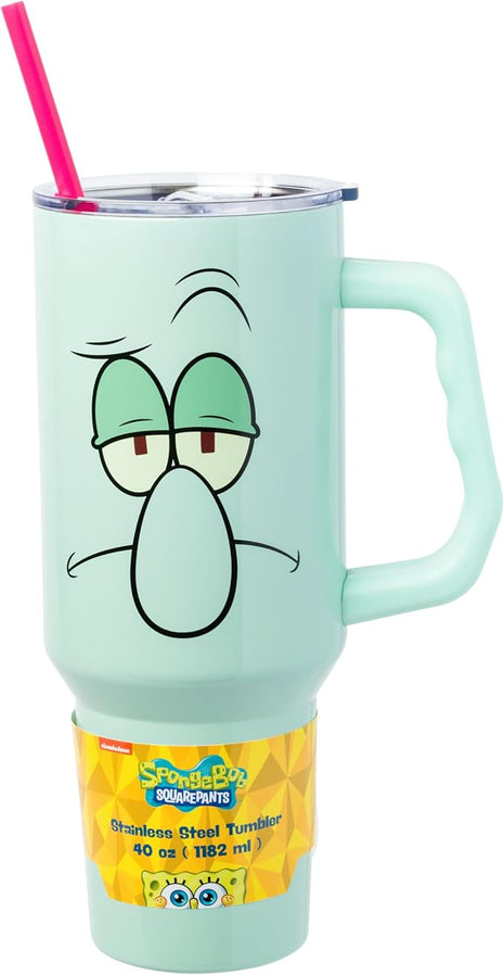 Silver Buffalo SpongeBob SquarePants Stainless Steel Tumbler with Handle Featuring Squidward, Fits in Standard Cup Holder, 40 Ounces