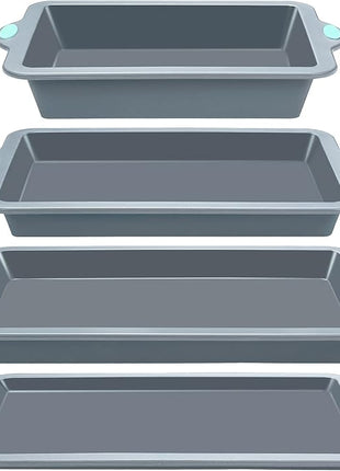 To encounter Silicone Baking Pans Set, 4 Pieces Nonstick Bakeware Set with Baking Pans, Baking Sheets, Cookie Sheets, Cake Pan with Metal Reinforced Frame More Strength, Light Grey