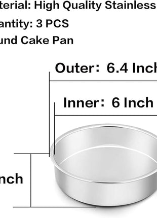 TeamFar 6 Inch Cake Pan, Round Cake Pan Tier Baking Pans Set Stainless Steel, Fit in Pot Pressure Cooker Air Fryer, Healthy & Toxic Free, Mirror Finish & Sturdy, Oven & Dishwasher Safe - Set of 3