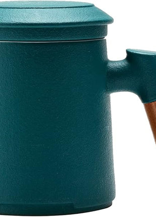 ZENS Tea Cup with Infuser and Lid, 12oz Green Tea Mug for Loose Leaf Tea Steeper, Wood Handle Tea Cup with Fine Tea Strainers Hot Diffusers, Ceramic Mugs Accessories for Tea Lovers Gifts