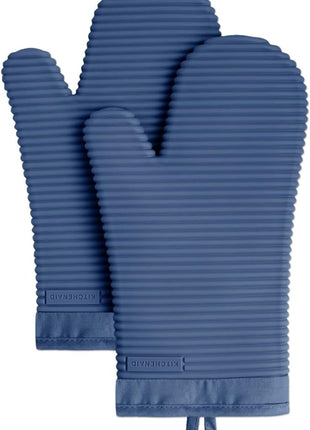 KITCHENAID Ribbed Soft Silicone Oven Mitt 2-Pack Set, 7.5"x13", Blue Willow