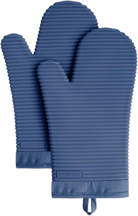 KITCHENAID Ribbed Soft Silicone Oven Mitt 2-Pack Set, 7.5"x13", Blue Willow