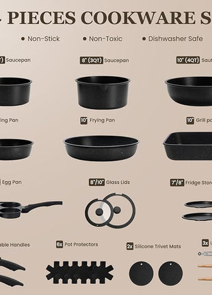 KIKCOIN 24 Pack Pots and Pans Set Non Stick, Detachable Handle Cookware Set, Induction RV Kitchen Cooking Set with Removable Handle, Frying Pans, Egg Pan - Dishwasher/Oven Safe, PFOA Free
