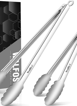 Tong for cooking, Walfos kitchen tongs set of 2 - Heat Resistant 600℉, Heavy Duty Locking Metal cooking Tongs, Stainless Steel BBQ Grilling,(All Metal 12in+16in)