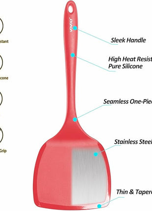 Silicone Pancake Spatula Turner with Lengthened Handle& Seamless Design, Heat Resistant Cooking Spatulas for Nonstick Cookware, Large Flexible Kitchen Utensils, Flipper for Egg, Pancake, Burger, Red