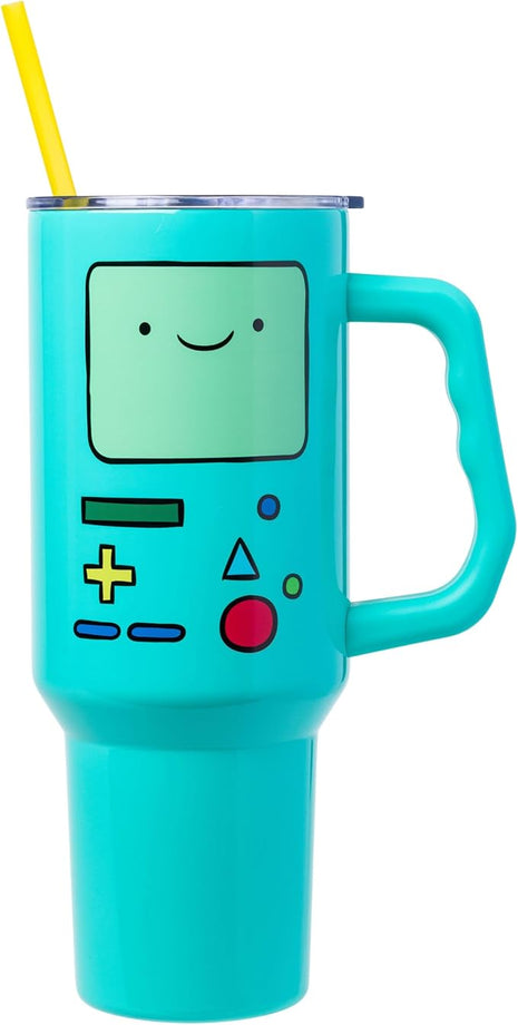 Silver Buffalo Adventure Time Featuring BMO Stainless Steel Tumbler with Handle and Straw, Fits in Standard Cup Holder, 40 Ounces