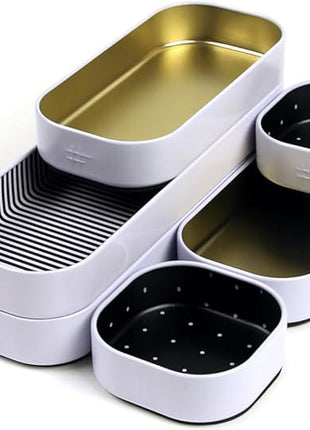 Three by Three Seattle 6 Piece Shallow Metal Organizer Tray Set for Storing Makeup, Stationery, Utensils, and More in Office Desk, Kitchen and Bathroom Drawers (1 Inch, Gold Dots and Stripes)