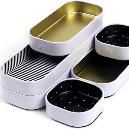 Three by Three Seattle 6 Piece Shallow Metal Organizer Tray Set for Storing Makeup, Stationery, Utensils, and More in Office Desk, Kitchen and Bathroom Drawers (1 Inch, Gold Dots and Stripes)