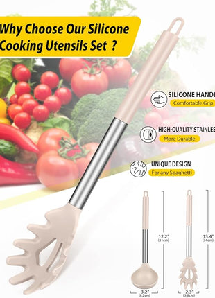 Silicone Pasta Fork and Ladle Spoon Set, Large Non Stick Kitchen Utensils for Cooking,Stirring,Serving Spaghetti, Soup, Sauce (KHAKI)