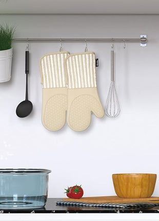 Silicone Oven Mitts Heat Resistant 932℉ with Waterproof & Non-Slip Kitchen Mittens, Set of 2 Extra Long Oven Gloves with Soft Cotton Terry Lining for Baking Cooking Barbecue (Khaki, 2)
