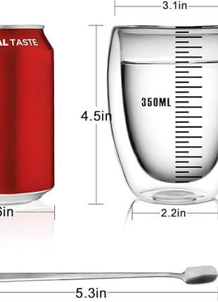 LIBWYS 2 Pack Double Walled Coffee Cups Glasses Mugs, 12oz Espresso Cappuccino Latte Tea Cups with Handle, Heat Resistant Borosilicate Clear Glasses 350ml