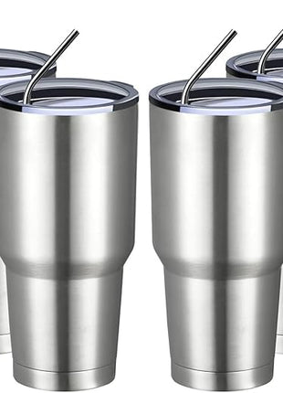 MEWAY 30oz Insulated Tumbler With Lids and Straws,Stainless Steel Double Vacuum Coffee Tumbler Cup, Brush, Durable Powder Coated Coffee Cup for Cold & Hot Drinks, Office(Silver,4 PACK)