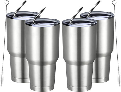 MEWAY 30oz Insulated Tumbler With Lids and Straws,Stainless Steel Double Vacuum Coffee Tumbler Cup, Brush, Durable Powder Coated Coffee Cup for Cold & Hot Drinks, Office(Silver,4 PACK)