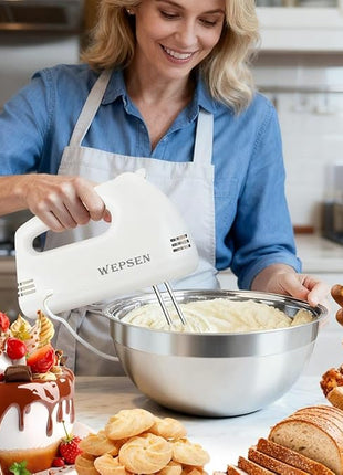 Hand Mixer Electric Mixing Bowls Set, 5 Speeds Handheld Mixer with 4 Nesting Stainless Steel Mixing Bowl, Measuring Cups Spoons 200W Kitchen Blender Whisk Beater Baking Supplies For Beginner