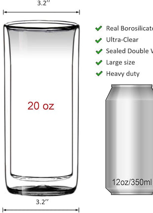 Sun's Tea (Set of 2) 20oz (600ml) Ultra Clear Strong Double Wall Insulated Thermo Glass Tumbler V3 Highball Glass for Beer/cocktail/lemonade/iced Tea/Smoothie (Real Borosilicate Glass, Not Plastic)