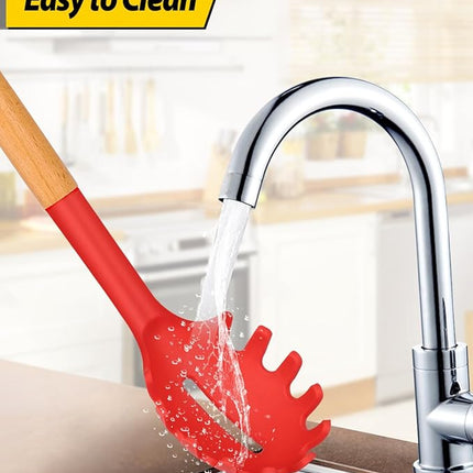 Silicone Pasta Fork and Ladle Spoon Set with Wooden Handle, Heat Resistant Non Stick Kitchen Utensils for Cooking, Stirring, Serving Spaghetti, Soup, Sauce(RED)