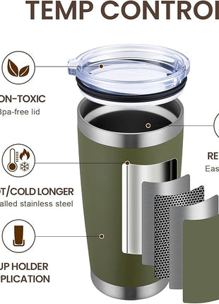 MEWAY 20oz Tumbler 8 Pack Double Wall Vacuum Insulated Travel Mug Bulk, Stainless Steel Tumblers with Lid and Straw, Durable Powder Coated Coffee Cups for Cold & Hot Drinks (Army Green, 8)