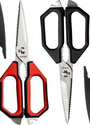 LIVINGO Kitchen Scissors Set All Purpose - Heavy Duty Stainless Steel Come Apart Food Shears for Cutting Meat, Vegetables, Dishwasher safe, 2 Pack, Red Black Multi-Function Handles
