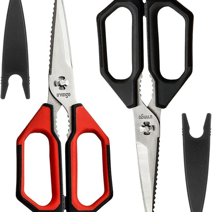 LIVINGO Kitchen Scissors Set All Purpose - Heavy Duty Stainless Steel Come Apart Food Shears for Cutting Meat, Vegetables, Dishwasher safe, 2 Pack, Red Black Multi-Function Handles
