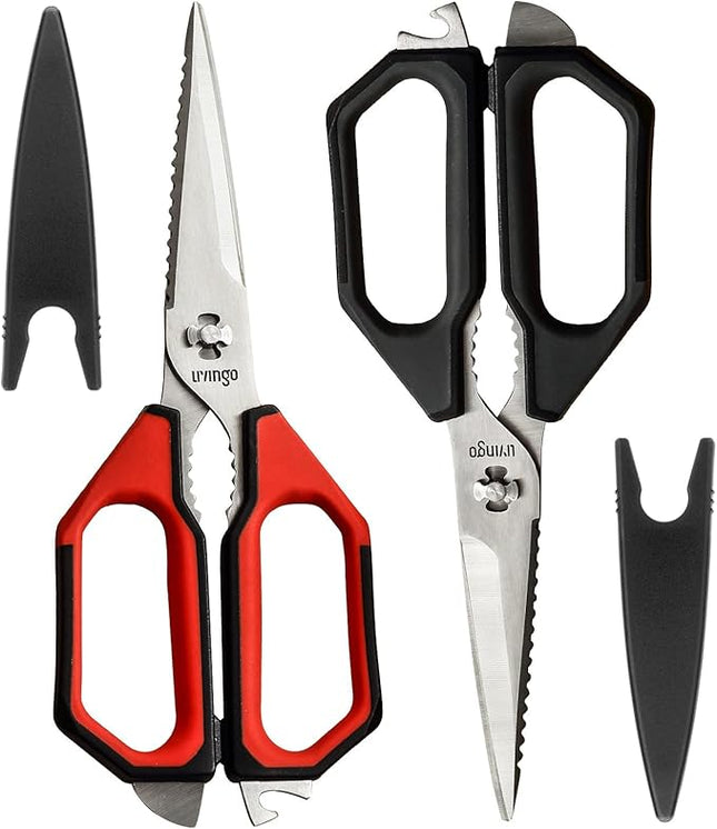 LIVINGO Kitchen Scissors Set All Purpose - Heavy Duty Stainless Steel Come Apart Food Shears for Cutting Meat, Vegetables, Dishwasher safe, 2 Pack, Red Black Multi-Function Handles