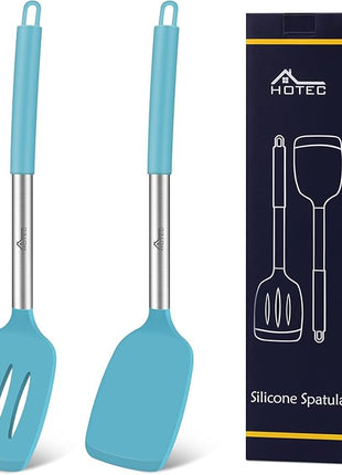 HOTEC Silicone Spatula Set of 2 Heat-Resistant 600°F & BPA-Free Kitchen SaptulaTurner with Stainless Steel Handles, Slotted & Solid Spatulas for Nonstick Cookware, 13.7 Inch, Blue
