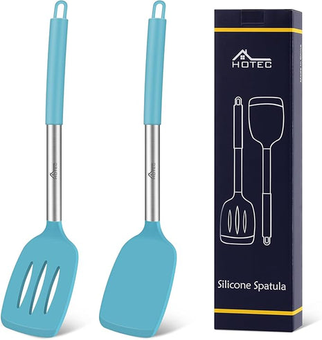 HOTEC Silicone Spatula Set of 2 Heat-Resistant 600°F & BPA-Free Kitchen SaptulaTurner with Stainless Steel Handles, Slotted & Solid Spatulas for Nonstick Cookware, 13.7 Inch, Blue
