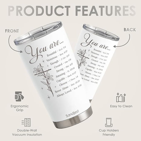 SANDJEST Christian Tumbler 20oz, Stainless Steel Travel Cup with Lid, You are Insulated Coffee Mug, Christian Gifts for Women Girls Friends Sisters on Birthday Christmas