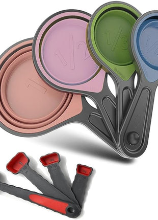 Collapsible Silicone Soft Measuring Cups and Measuring Spoons,8 pieces Portable Food Grade Silicone Cup for Liquid & Dry Measuring Baking &Utensils & Travel Measuring Cup，space saver (Pink)