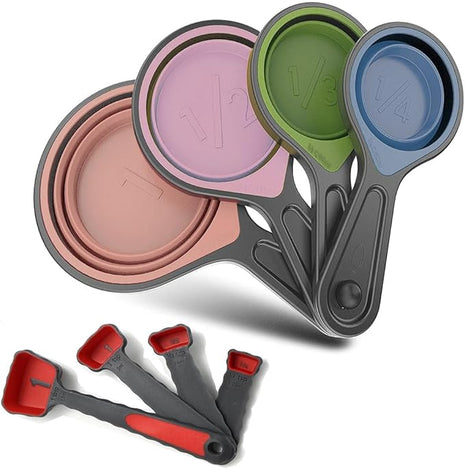 Collapsible Silicone Soft Measuring Cups and Measuring Spoons,8 pieces Portable Food Grade Silicone Cup for Liquid & Dry Measuring Baking &Utensils & Travel Measuring Cup，space saver (Pink)